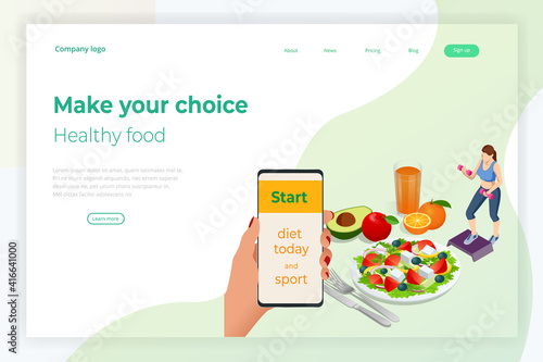 Isometric Healthy food and Diet planning concept. Healthy eating, personal diet or nutrition plan from dieting expert. Nutrition consulting, diet plan. Excess weight