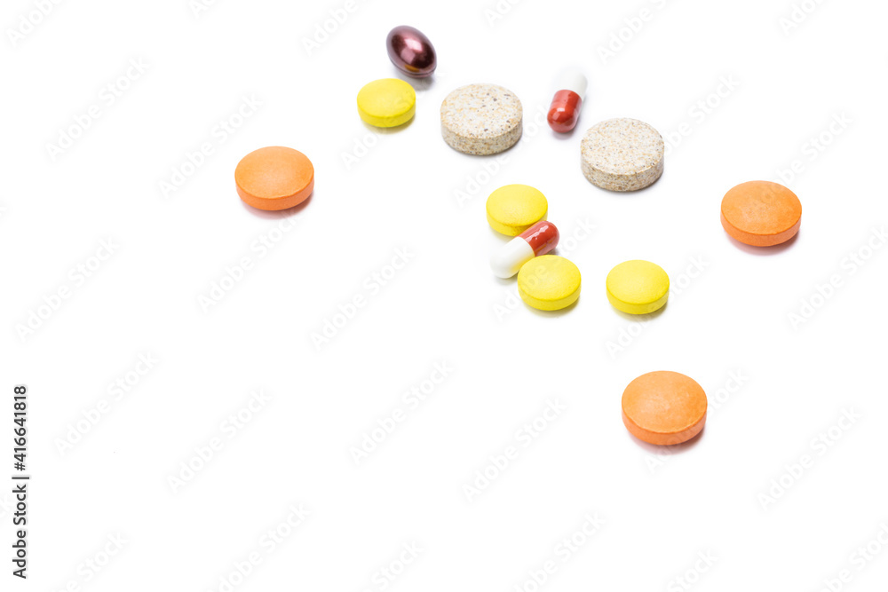 drugs isolated on white background. various pills and tablets cut out. pharmacy concept