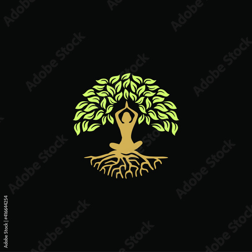 Elegant and Modern Yoga tree design with a beautiful human on yoga pose in the middle of the tree