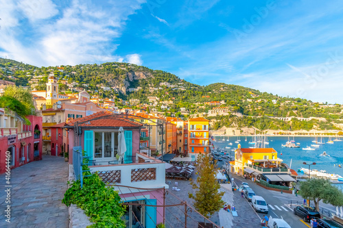 Scenic view of the colorful town, bay and marina of Villefranche Sur Mer, on the French Riviera coast of Southern France.