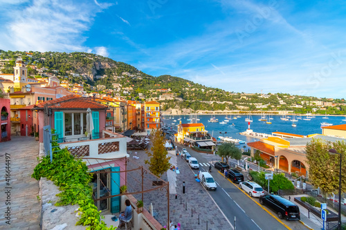 Scenic view of the colorful town, bay and marina of Villefranche Sur Mer, on the French Riviera coast of Southern France.