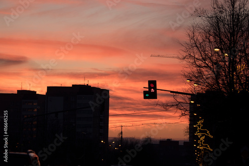 winter sunset in the city