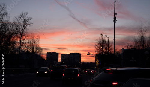 winter sunset in the city