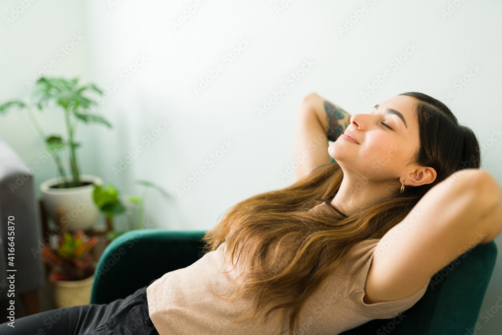 Fototapeta premium Positive latin woman with good mental health habits
