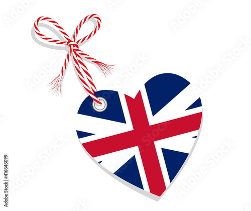 Fahne als Herz  „I Love Königreich Großbritannien (1707–1800)“ mit Kordel-Schleife,
Vektor Illustration isoliert auf weißem Hintergrund
