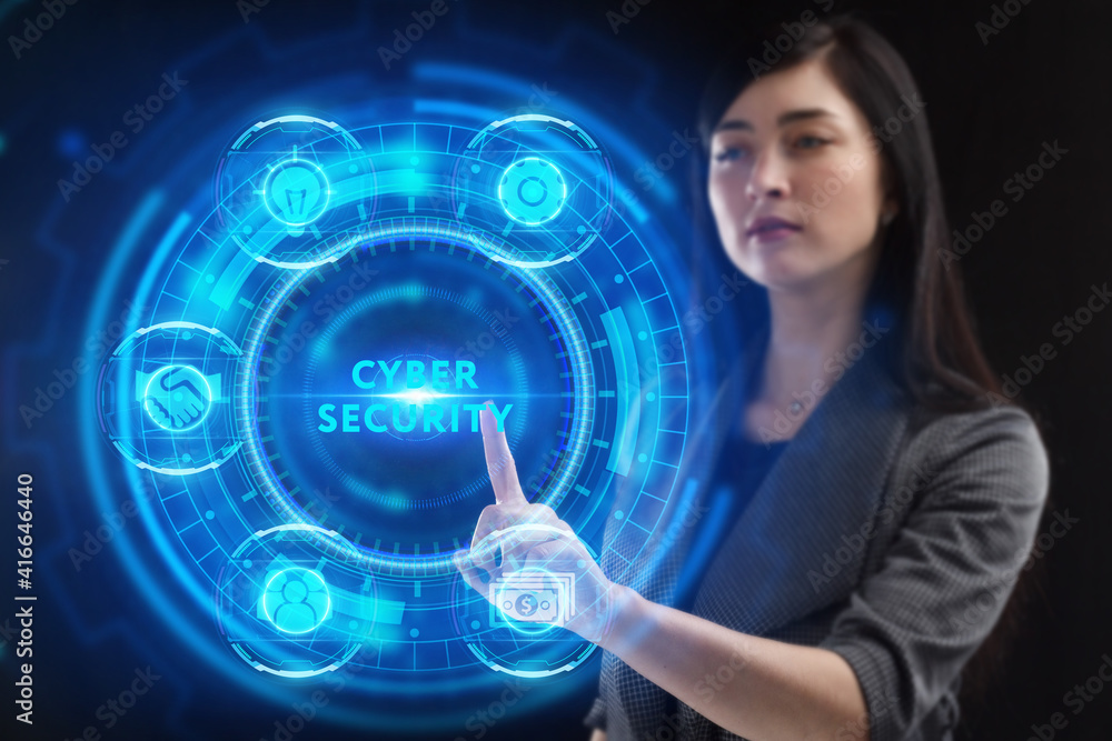 Business, Technology, Internet and network concept. Young businessman working on a virtual screen of the future and sees the inscription: Cyber security Business, Technology, Internet and network concept. Young businessman working on a virtual screen of the future and sees the inscription: Cyber security