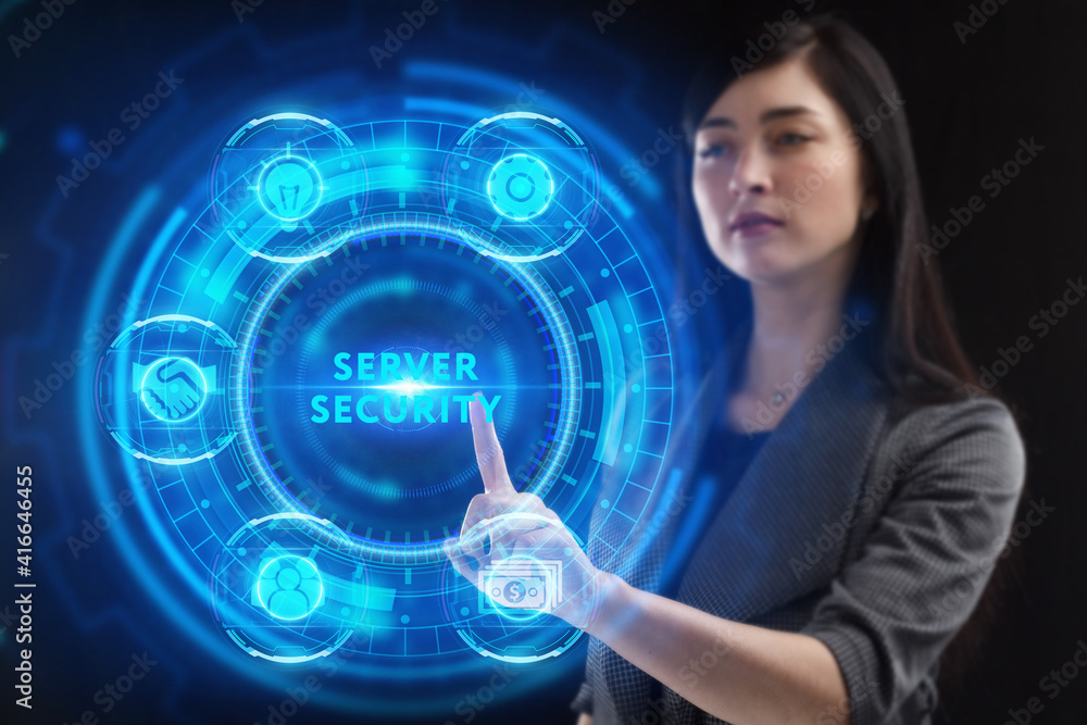 Business, Technology, Internet and network concept. Young businessman working on a virtual screen of the future and sees the inscription: Server security Business, Technology, Internet and network concept. Young businessman working on a virtual screen of the future and sees the inscription: Server security