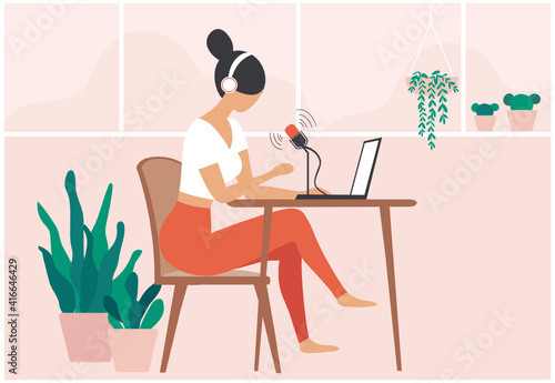 Woman podcaster talking to microphone recording podcast at home vector illustration. Podcaster and vlogger concept