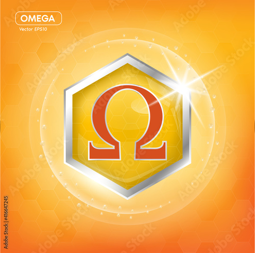 Omega Nutrients and Vitamin pill capsule. Shining golden essence droplet. Beauty treatment nutrition skin care design. Vector illustration.