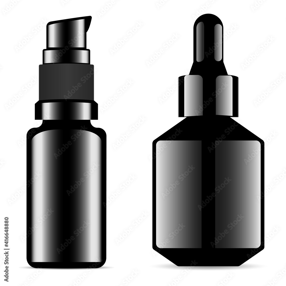 Serum bottle black mockup. Dropper bottle, essence flask mock up. Skin foundation cream flacon. Aroma oil vial, glossy black glass. Dispenser bottle for lotion. Eyedropper tincture product Serum bottle black mockup. Dropper bottle, essence flask mock up. Skin foundation cream flacon. Aroma oil vial, glossy black glass. Dispenser bottle for lotion. Eyedropper tincture product