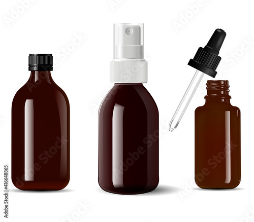 Medical bottle brown glass. Cosmetic container, 3d vector isolated on white. Small serum dropper vial mockup. Essence spray aerosol packaging. Apothecary bottle blank, beauty packaging