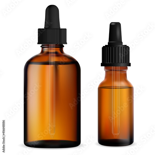 Dropper bottle broun. Essential oil eyedropper vial mock up. Serum dropper flask, collagen essence beauty treatment packaging mockup. Pipette flacon, organic face aging care, aromatherapy