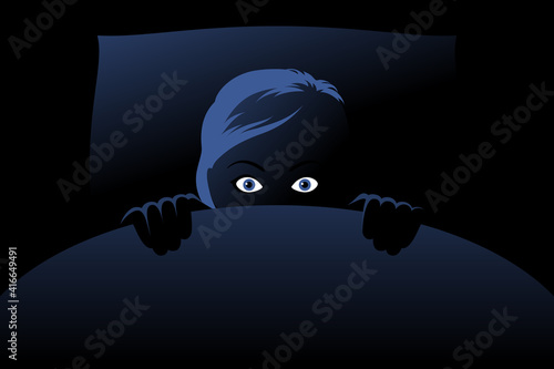 Frightened woman hiding behind blanket at night, concept of nightmare