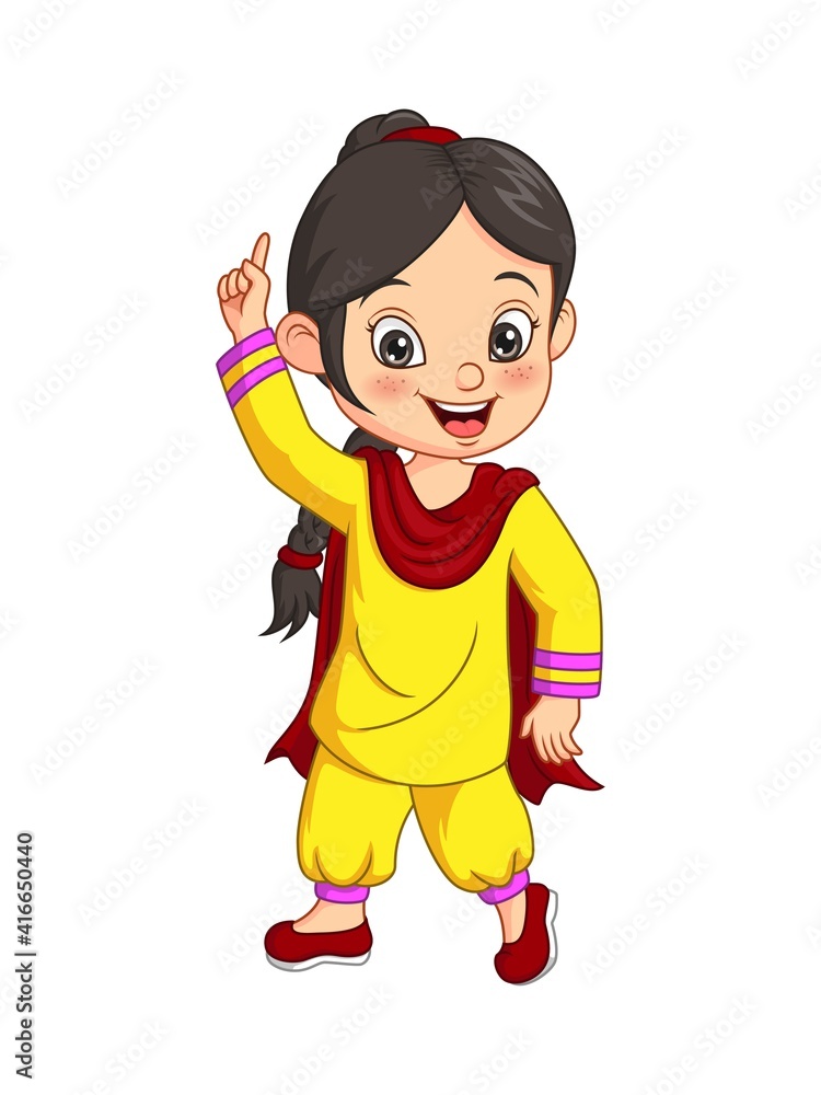 Cartoon happy girl wearing national costume of India Cartoon happy girl wearing national costume of India