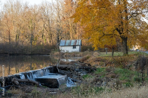 Small Waterfalls and Building with Yellow Tree