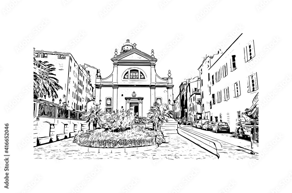 Building view with landmark of Ajaccio is the capital of Corsica. Hand drawn sketch illustration in vector.