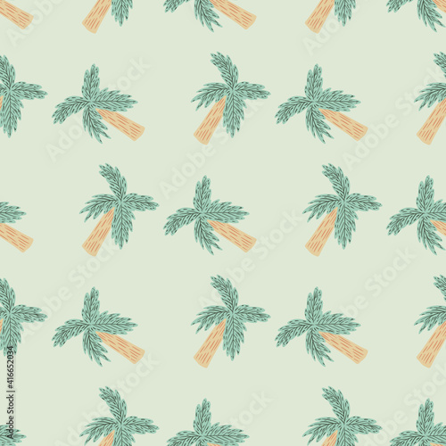 Fototapeta Naklejka Na Ścianę i Meble -  Pastel palette seamless pattern with cartoon doodle palm tree ornament. Light grey background. Creative print.