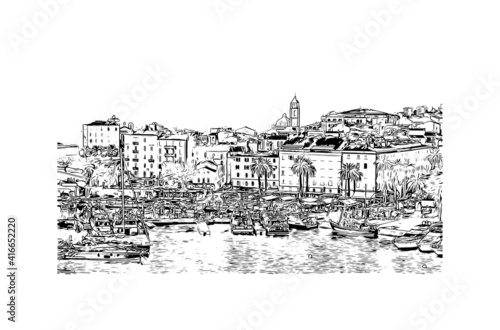 Building view with landmark of Ajaccio is the capital of Corsica. Hand drawn sketch illustration in vector.