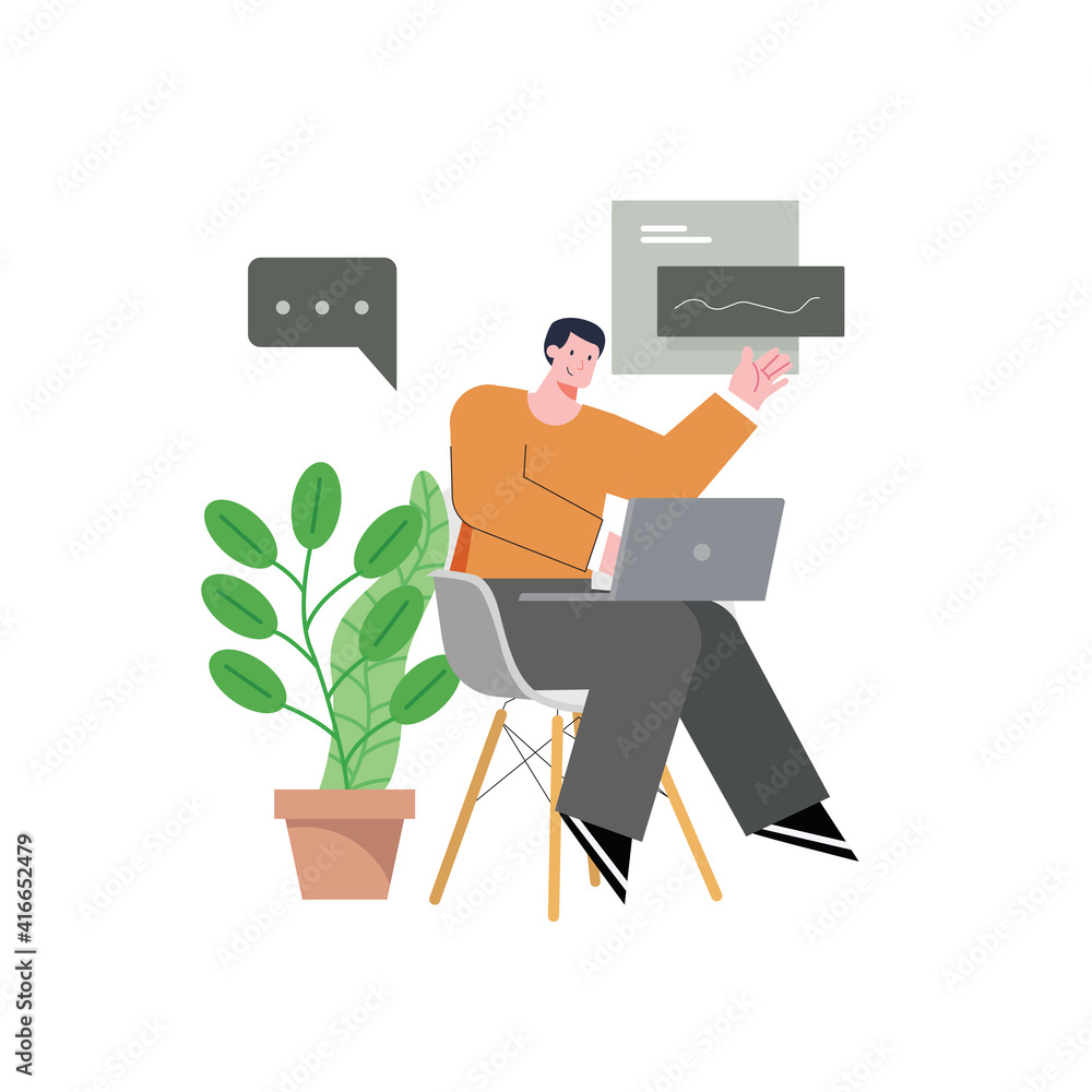 concept illustration of a man working from home using a laptop concept illustration of a man working from home using a laptop