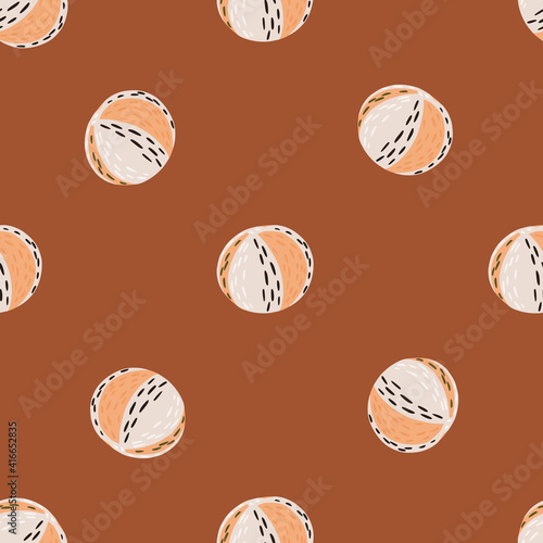 Volleyball balls ornament seamless doodle pattern. Brown background. Creative kids activity spirt backdrop.