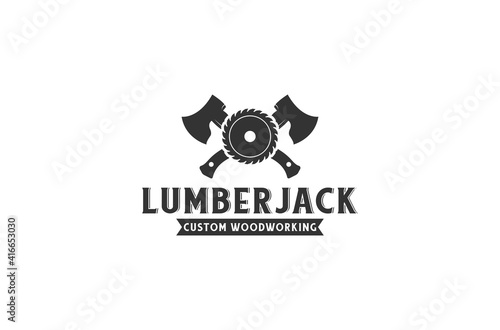 logo for lumberjack with saw on white background