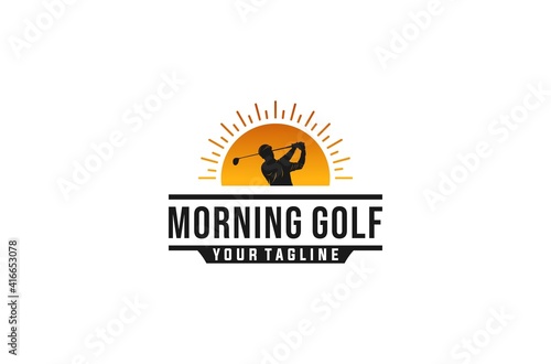 Morning golf logo with illustration of golf player and morning sun