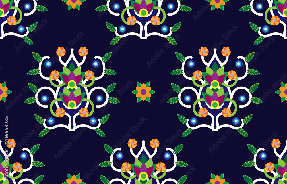 Asian style curve fabric pattern with flowers and leaves.