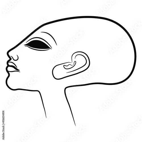 Head of bald ancient Egyptian princess in profile. Daughter of pharaoh Akhenaten. Amarna style. Black and white linear silhouette.