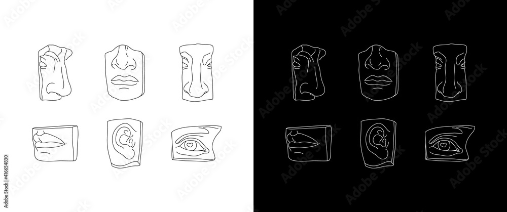 A set of Face Pieces of Antique Sculptures in a Minimal Trendy Style. Vector Illustration of the Ancient Greek God David for printing on T-shirts, posters, Cards, Tattoos, Covers and more A set of Face Pieces of Antique Sculptures in a Minimal Trendy Style. Vector Illustration of the Ancient Greek God David for printing on T-shirts, posters, Cards, Tattoos, Covers and more