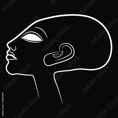 Head of bald ancient Egyptian princess in profile. Daughter of pharaoh Akhenaten. Amarna style. Linear white silhouette on black background.