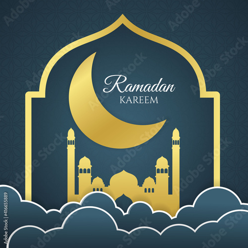 Ramadan kareem illustration in paper style with moon and buildings. - Vector.