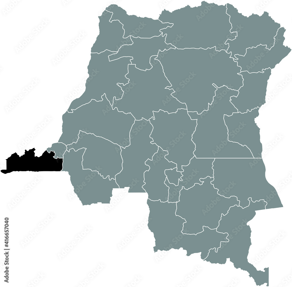 Obraz premium Black location map of the Congolese Kongo Central province inside gray map of the Democratic Republic of the Congo