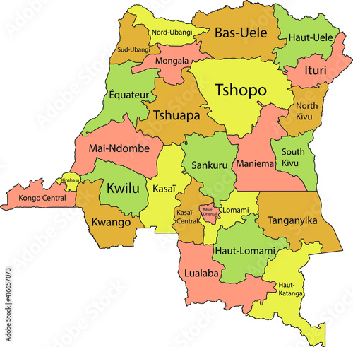 Pastel vector map of the Democratic Republic of the Congo with black borders and names of its provinces