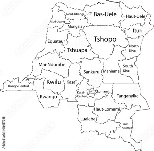 White vector map of the Democratic Republic of the Congo with black borders and names of its provinces
