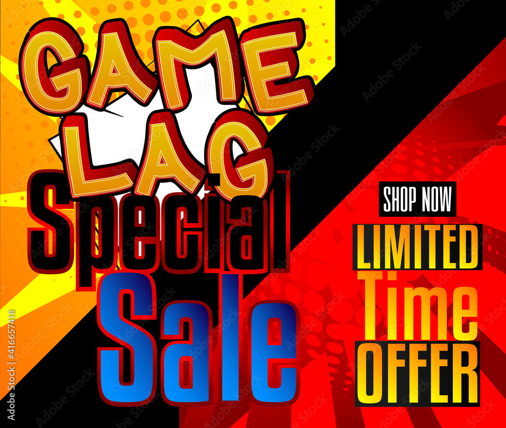 Pc or Console gaming sale, Gamer related Special Offer. Comic book style background. Poster, banner, template. Cartoon explosion expression. Gaming business vector illustration.