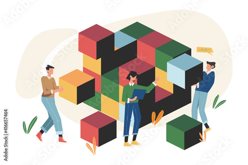 Teamwork connecting puzzle blocks elements