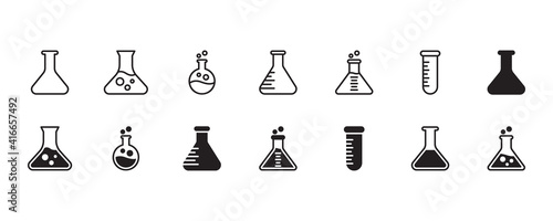 Erlenmeyer flask chemistry beaker icon set. Vector graphic illustration. Suitable for website design, logo, app, template, and ui. 