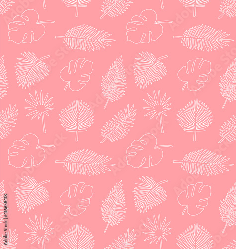 Vector seamless pattern of white hand drawn doodle sketch palm leaves isolated on pink background