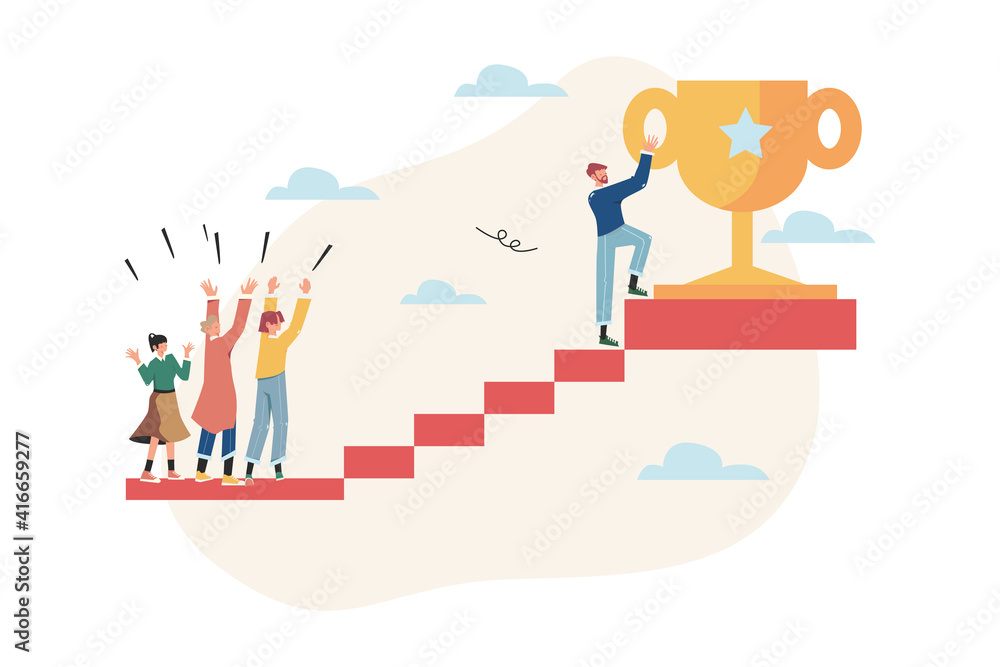 People run to their goal on the stairs to get the trophy