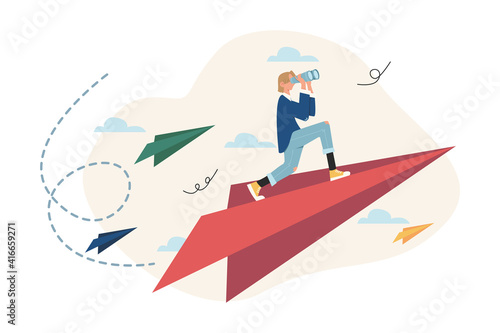 People ride a paper plane move towards the goal