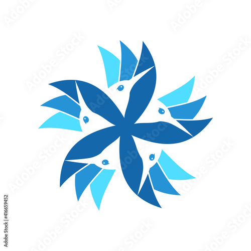 Three leaf event logo template with ornament colibri bird head negative space illustration in flat design pictogram symbol