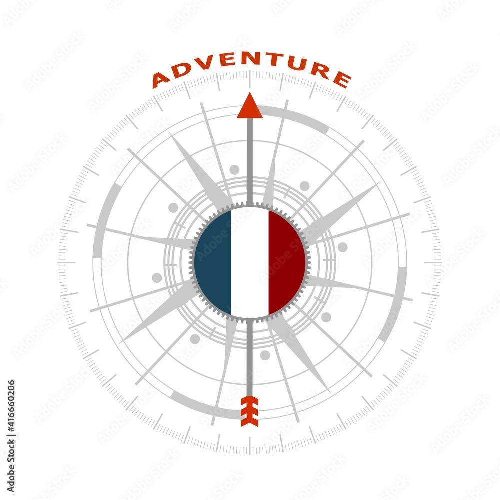Travel concept. Abstract compass points to the adventure word. Flag of France. Travel concept. Abstract compass points to the adventure word. Flag of France.
