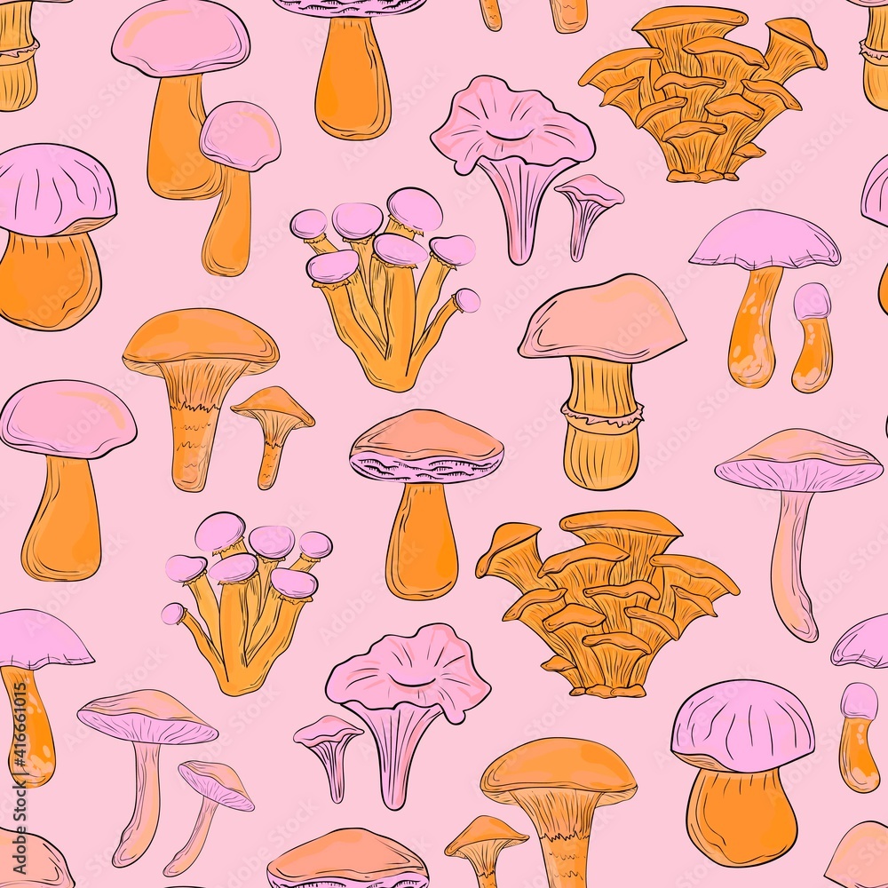 Beautiful cartoon mushrooms. Seamless pattern. Print for backgrounds, printing on fabric, paper, wallpaper, packaging. Beautiful cartoon mushrooms. Seamless pattern. Print for backgrounds, printing on fabric, paper, wallpaper, packaging.