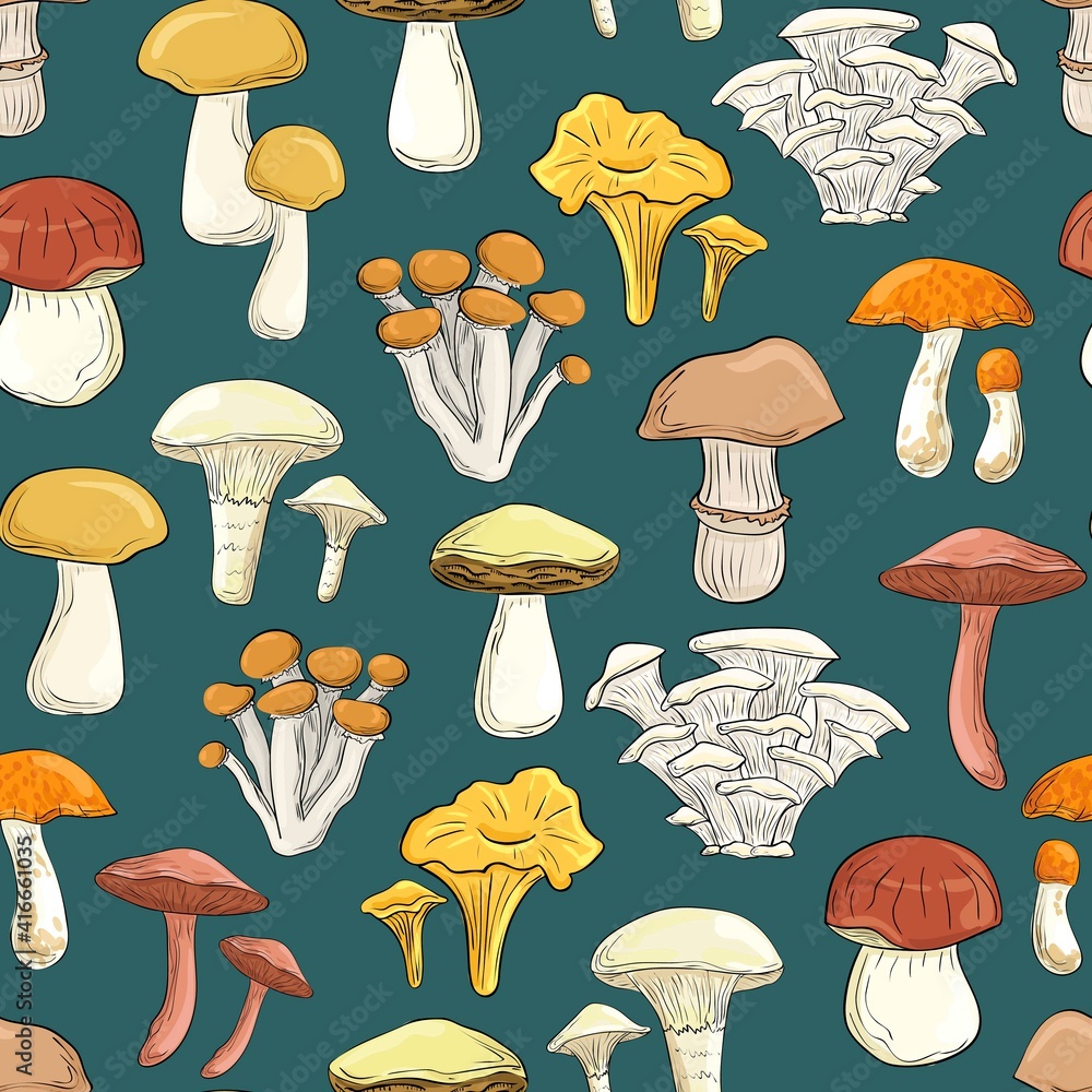 Beautiful cartoon mushrooms. Seamless pattern. Print for backgrounds, printing on fabric, paper, wallpaper, packaging.