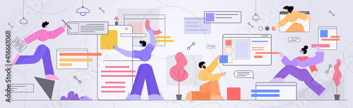 businesspeople developers creating computer and mobile apps user interface application development concept horizontal full length vector illustration