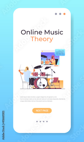 arab man playing drums while watching video lessons with arabic teacher in web browser window online music theory concept vertical copy space vector illustration