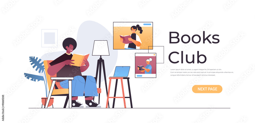 african american man with women in web browser windows reading books during virtual conference meeting horizontal copy space vector illustration african american man with women in web browser windows reading books during virtual conference meeting horizontal copy space vector illustration