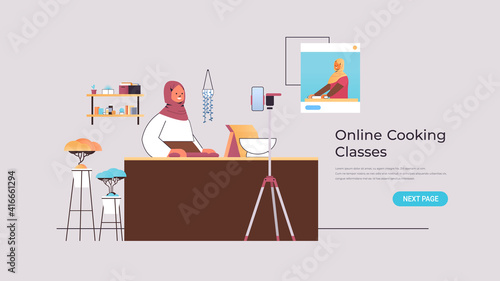 arab woman food blogger preparing dish while watching video tutorial with arabic chef in web browser window online cooking lesson concept horizontal copy space vector illustration