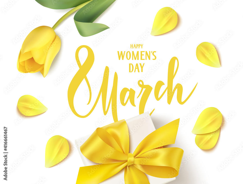 Happy Womens Day. 8 March design template. Calligraphic lettering text with decorative gift box and yellow tulip flowers. Flat lay. Vector stock illustration	