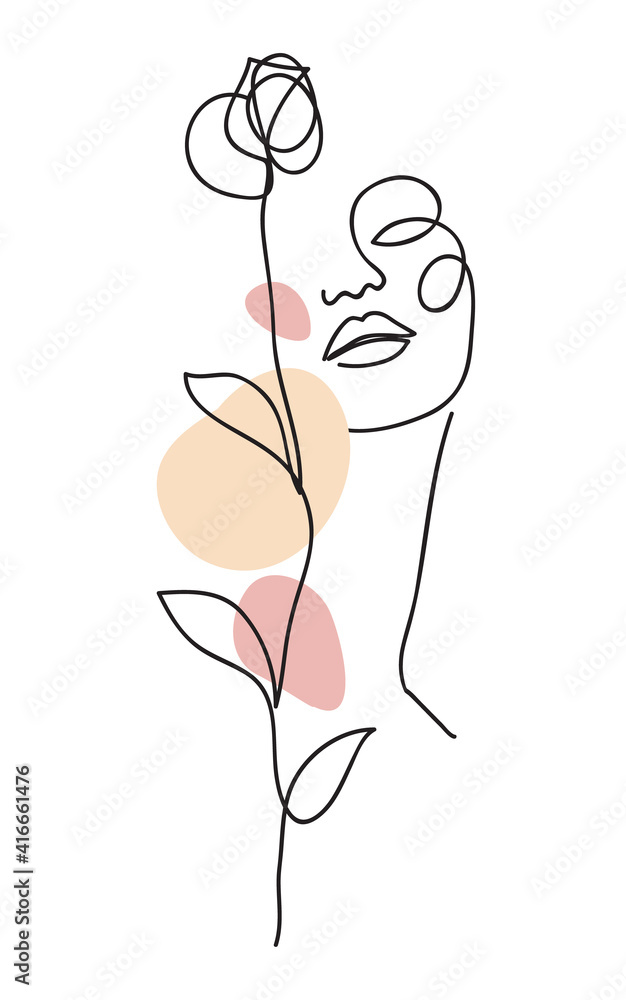 One line drawing. Abstract beautiful girl with rose. Female beauty minimalist icon. Vector stock illustration